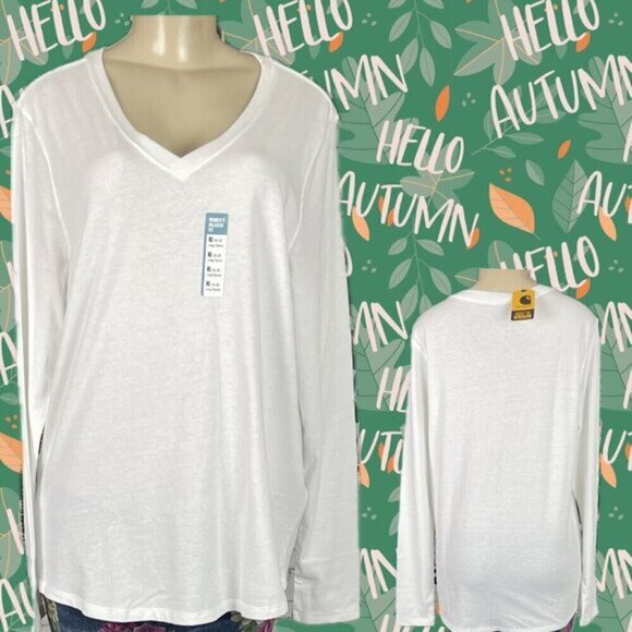 Carhartt XL Solid White V-Neck Cotton Blend Relaxed Logo Patch Long Sleeve Tee - Picture 1 of 6